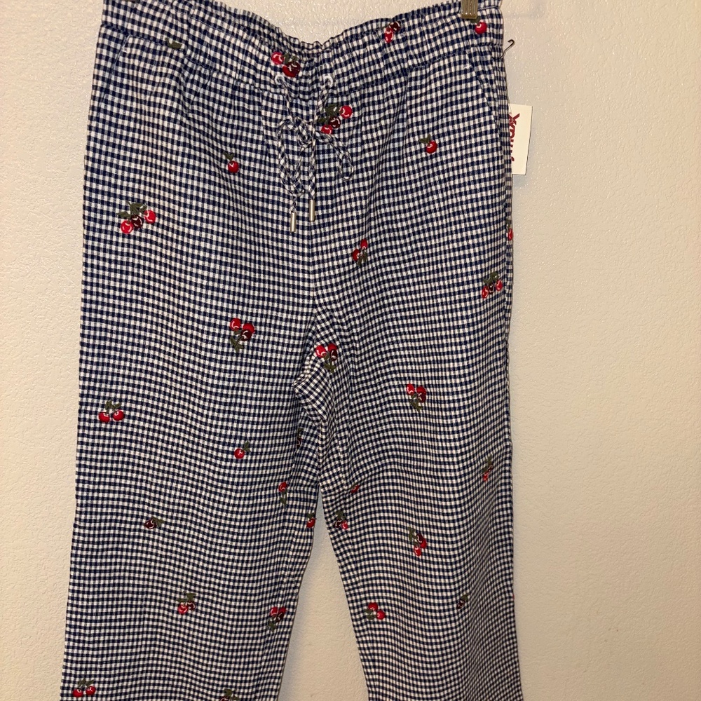 NICOLE MILLER Blue White Gingham Linen Pant Cherry Embroidered Drawstring Size 8 - Picture 5 of 9